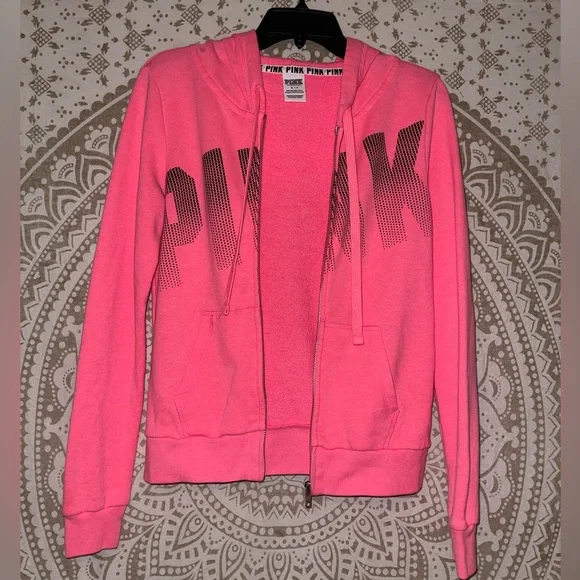 "PINK" HOT PINK AND BLACK ZIP UP HOODIE WITH POCKETS, SIZE SMALL - Picture 3 of 3